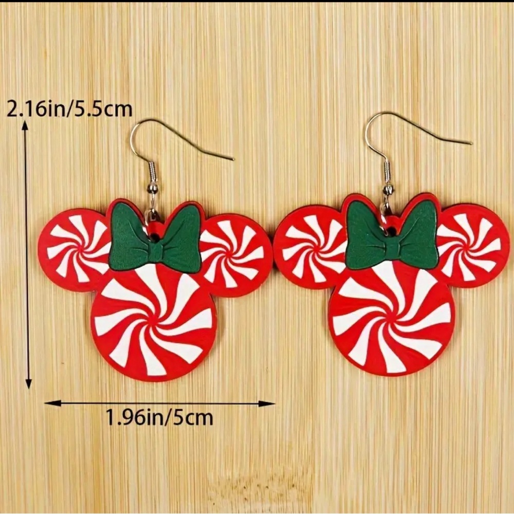 Minnie Mouse Candy Christmas Dangle Earrings Wooden Jewelry - Picture 3 of 3